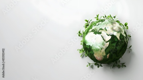 Earth Day concept with green globe on white background sustainable resources. Concept Earth Day, Green Globe, Sustainable Resources, Environmental Conservation, White Background