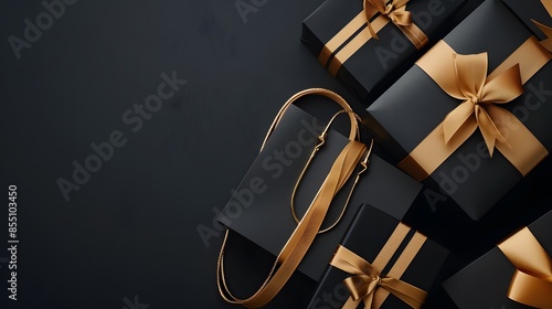 Top view dark blue gift box with gold satin ribbon on dark background. Birthday gift with copy space for holiday or Christmas present, Black Friday, Cyber Monday