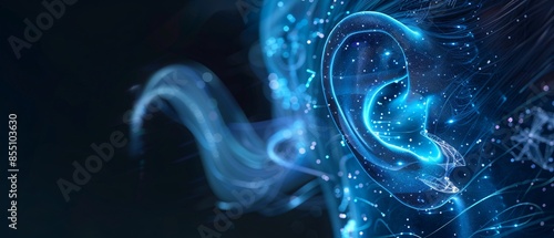 Futuristic Ear Technology - Close-up of Transparent Holographic Interface Beside Human Ear with Copy Space for Text