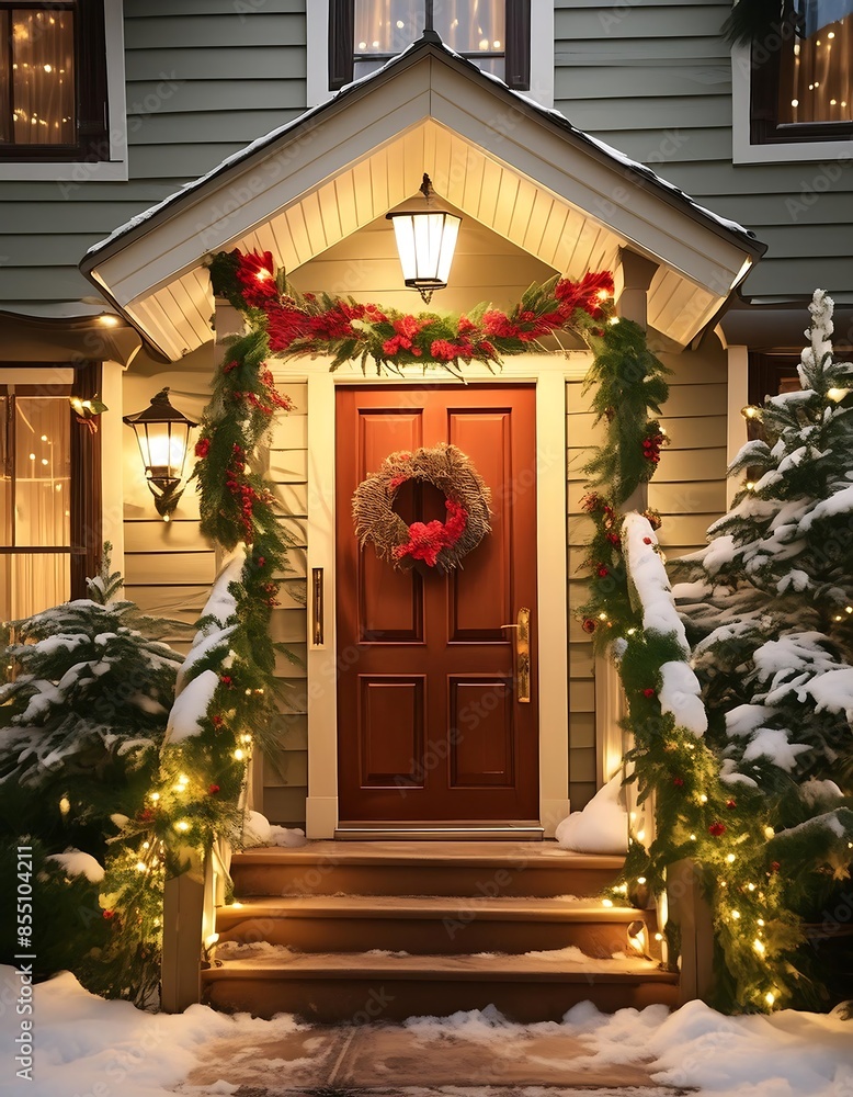 Fototapeta premium Christmas decorated and illuminated house exterior