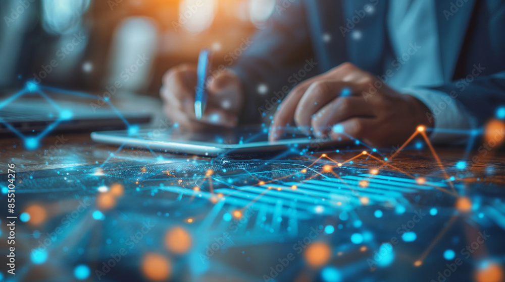 Double exposure of businessman working on digital table and smart phone with digital marketing virtual chart, Abstract icon, Business strategy. Generative AI Illustrations.