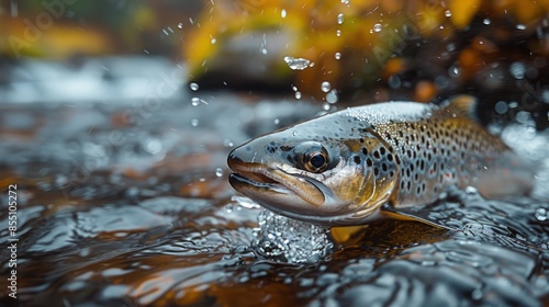 A close-up photo of a brown trout jumping out of a stream, creating a spray of water droplets.