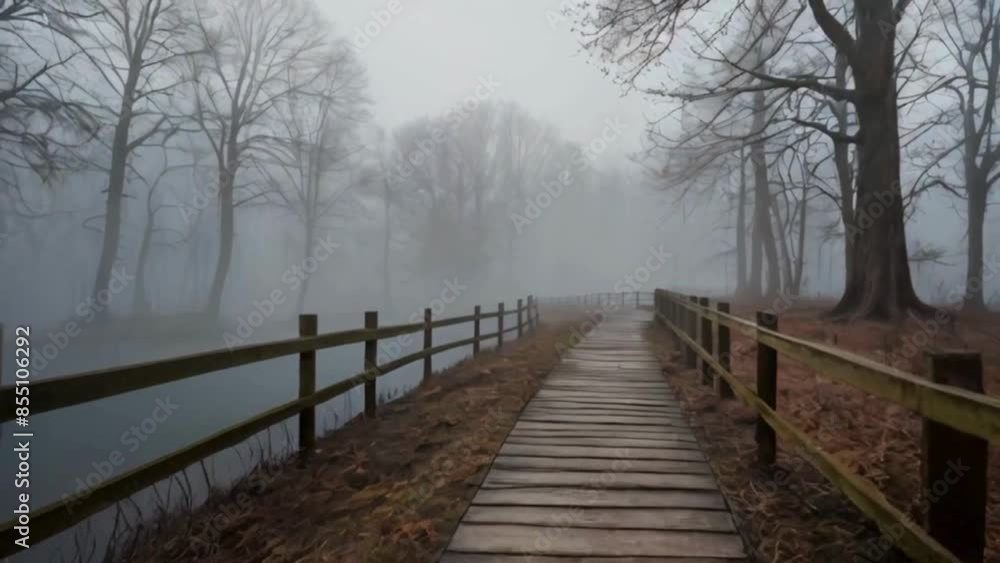 On a walking path in the early foggy morning in the forest. On a walking path in the early foggy morning in the forest.