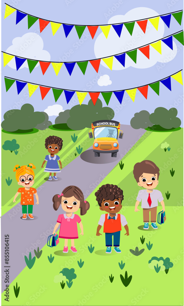 landscape with children, school bus and flags landscape with children, school bus and flags