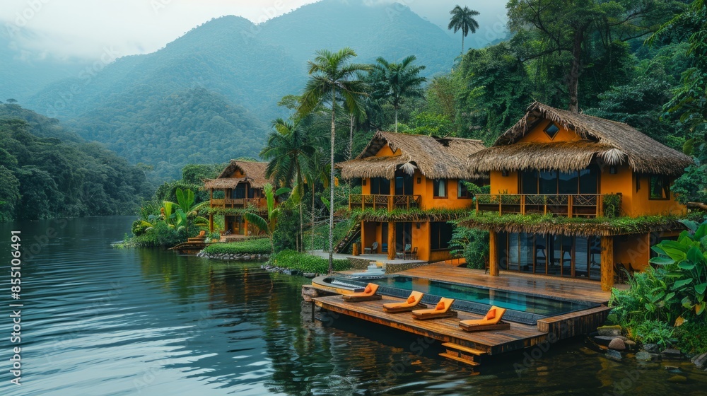 Fototapeta premium A scenic view of lakefront cabins with a private pool, nestled amidst lush jungle foliage and overlooking a tranquil lake.