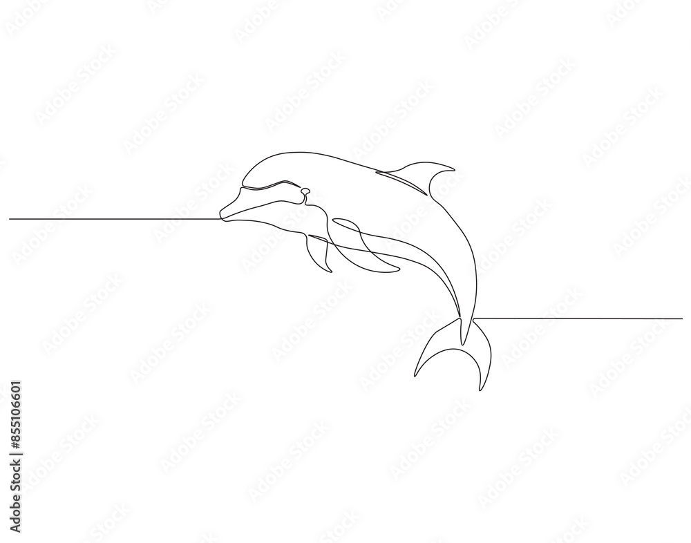 Obraz premium Continuous one line drawing of dolphin fish. One line drawing illustration of bottlenose dolphin. Marine animal, World dolphin day concept single line. Editable outline.