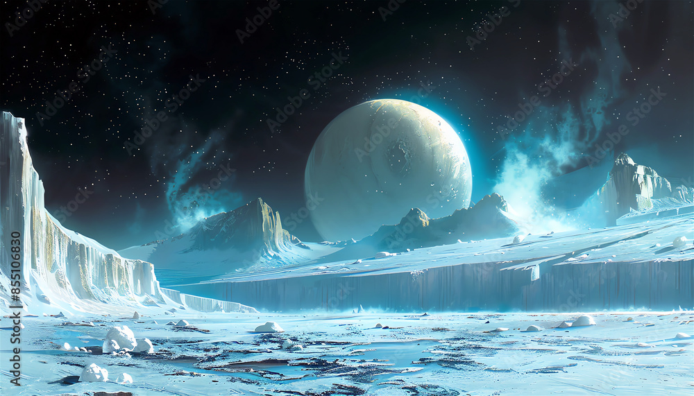 Fototapeta premium Craft an artwork depicting Neptune and its moon Triton, highlighting Triton s geysers and the distant, icy environment of this outer planet