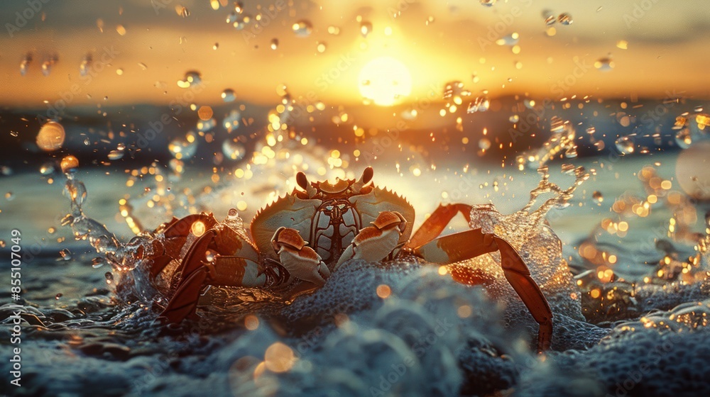 Vibrant Crab in Ocean Waves at Sunset - Close-up of a vibrant crab amidst splashing ocean waves during a stunning sunset, capturing the beauty and motion of the scene. Vibrant Crab in Ocean Waves at Sunset - Close-up of a vibrant crab amidst splashing ocean waves during a stunning sunset, capturing the beauty and motion of the scene.