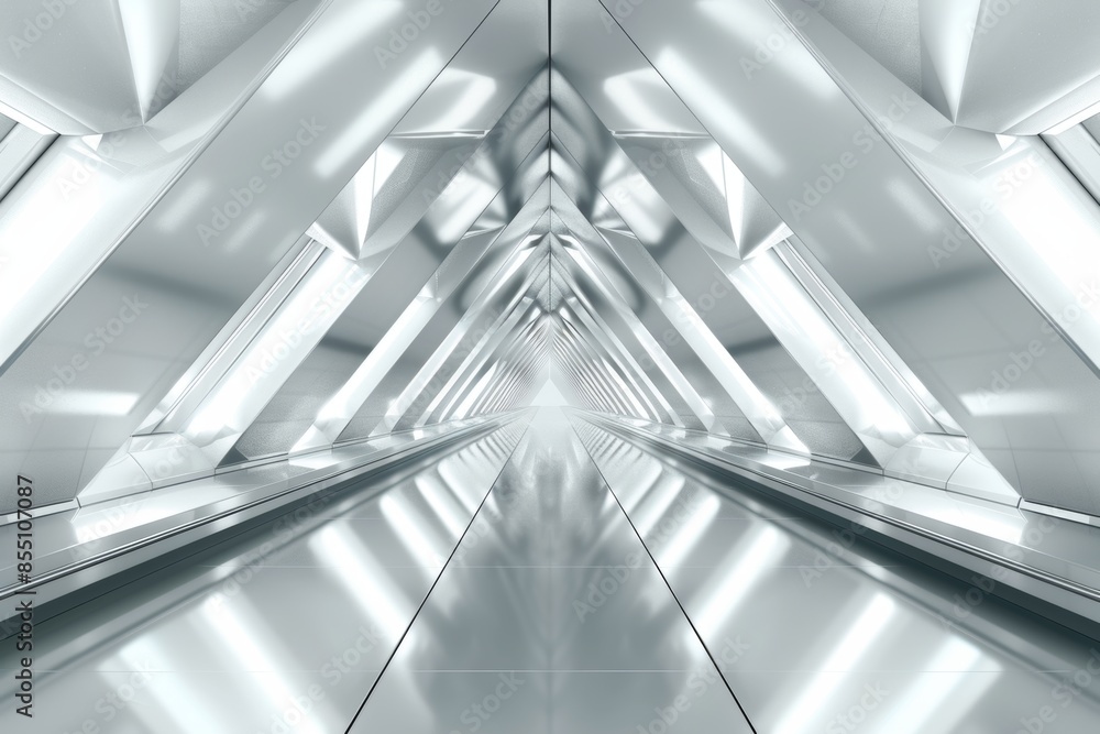 Fototapeta premium Futuristic white symmetric corridor with bright lighting