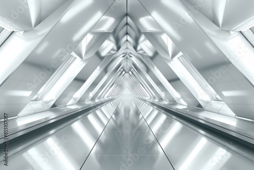 Futuristic white symmetric corridor with bright lighting