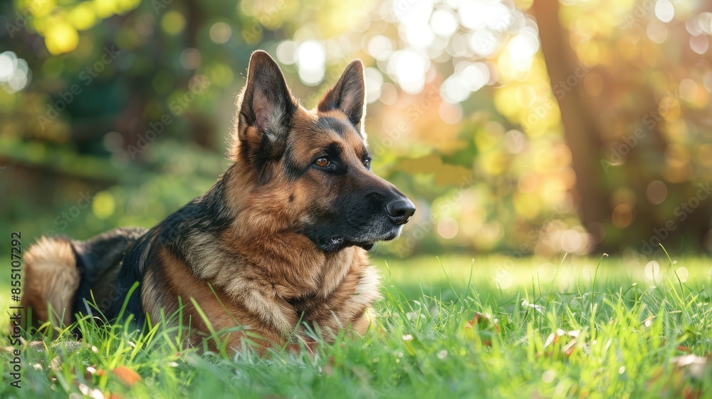 German Shepherd dog resting in the park on grass with empty space German Shepherd dog resting in the park on grass with empty space