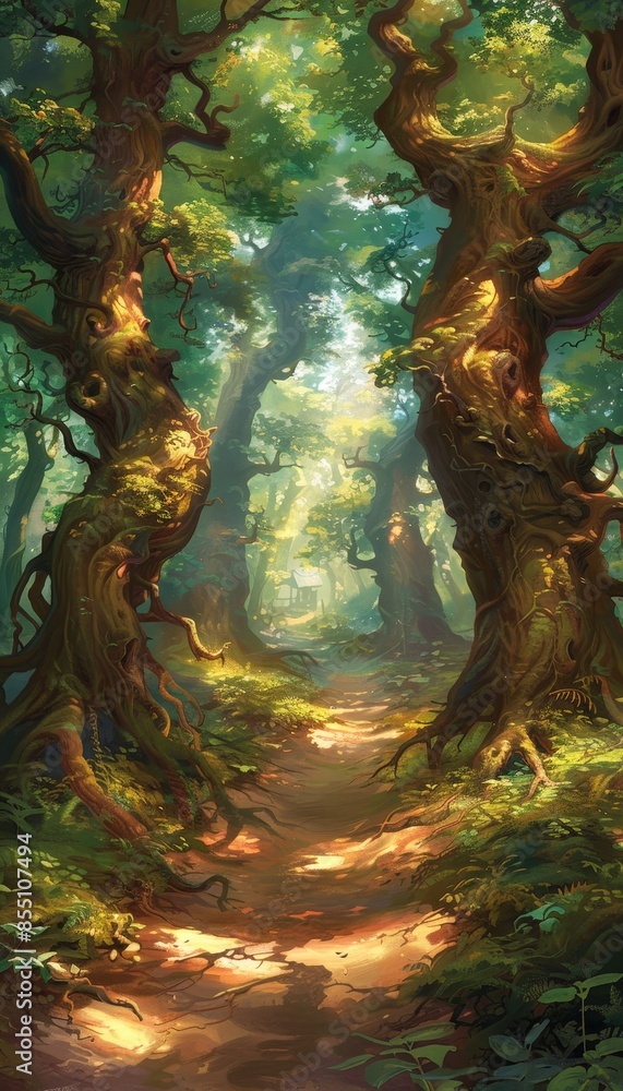Enchanting jungle trail explore the verdant path amidst towering trees and twisted vines Enchanting jungle trail explore the verdant path amidst towering trees and twisted vines