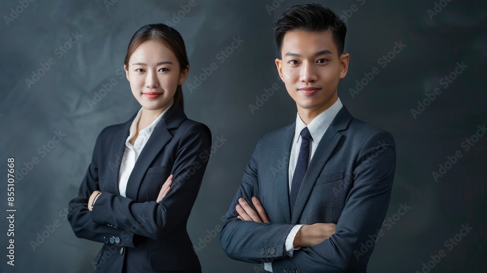 In A Studio Portrait, Two Young Asian Corporate Executives Exude Professionalism And Determination, Their Shared Vision Evident In The Way They Stand Side By Side In A Studio Portrait, Two Young Asian Corporate Executives Exude Professionalism And Determination, Their Shared Vision Evident In The Way They Stand Side By Side