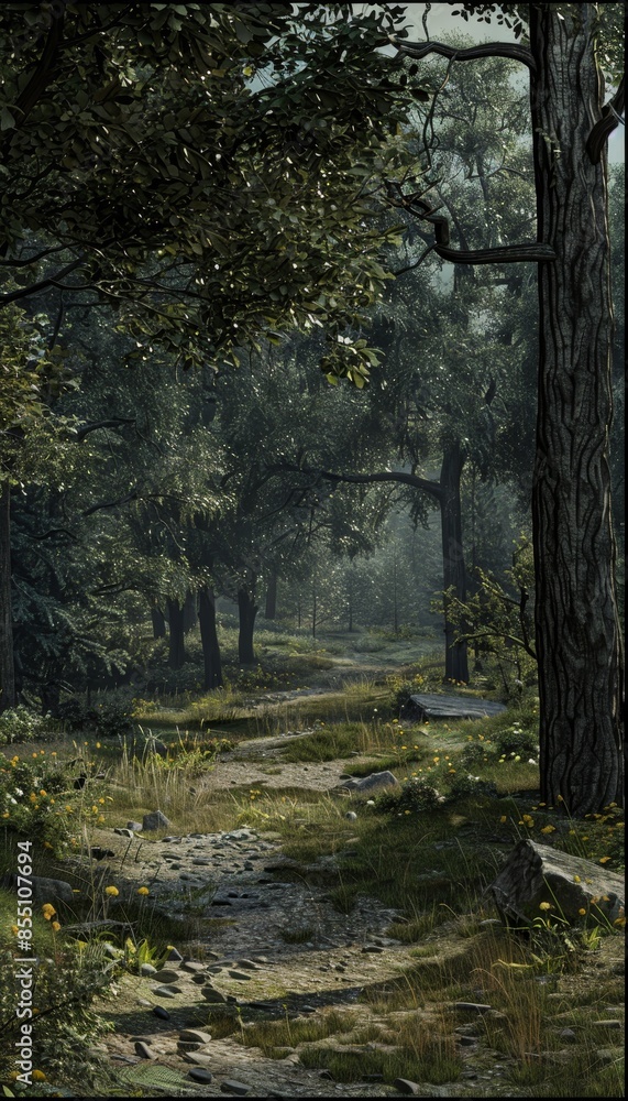 Enchanting jungle trail explore a verdant path amidst towering trees and thick vines Enchanting jungle trail explore a verdant path amidst towering trees and thick vines