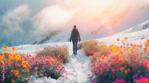 A person walking through a snowy landscape with a trail of colorful flowers behind them