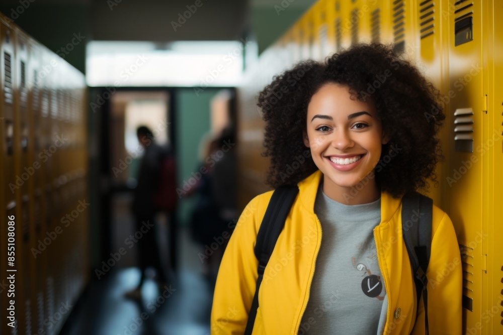 Portrait of a smiling female high school student in hallway Portrait of a smiling female high school student in hallway