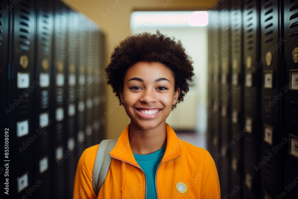 Naklejka premium Portrait of a smiling female high school student in hallway