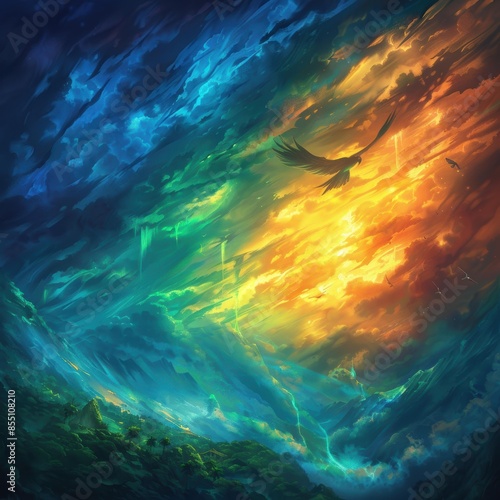 Wallpaper Mural A radiant, colorful bird soaring through a mystical sky with vibrant, fluid hues blending seamlessly. Torontodigital.ca