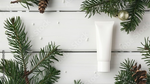 Top view of white squeeze cosmetic tube and Christmas fir branches on white wooden table showcasing organic cosmetics concept photo