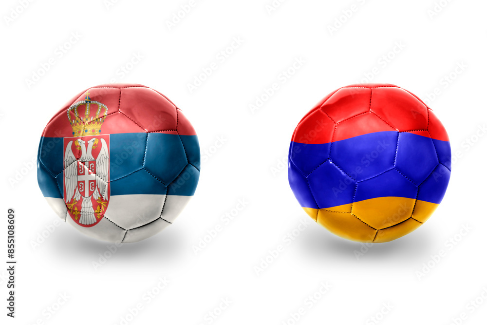 Obraz premium football balls with national flags of armenia and serbia ,soccer teams. on the white background.