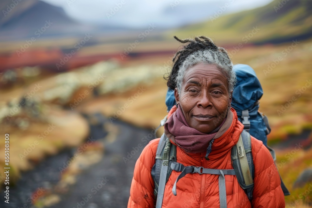 Portrait of a middle aged woman hiking a volcanic landscape Portrait of a middle aged woman hiking a volcanic landscape
