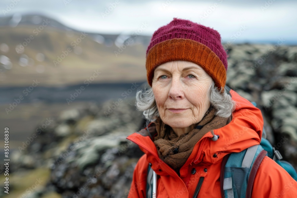 Portrait of a middle aged woman hiking a volcanic landscape Portrait of a middle aged woman hiking a volcanic landscape