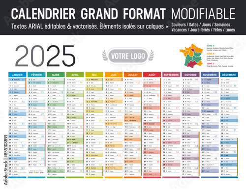 Calendrier Français 2025 modifiable, grand format France, éléments isolés sur calques, textes en Arial, éditables et vectorisés.