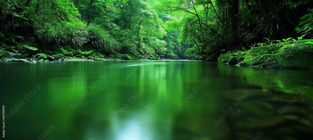 Tranquil jungle river reflecting lush greenery in dense foliage, creating a serene natural landscape Tranquil jungle river reflecting lush greenery in dense foliage, creating a serene natural landscape