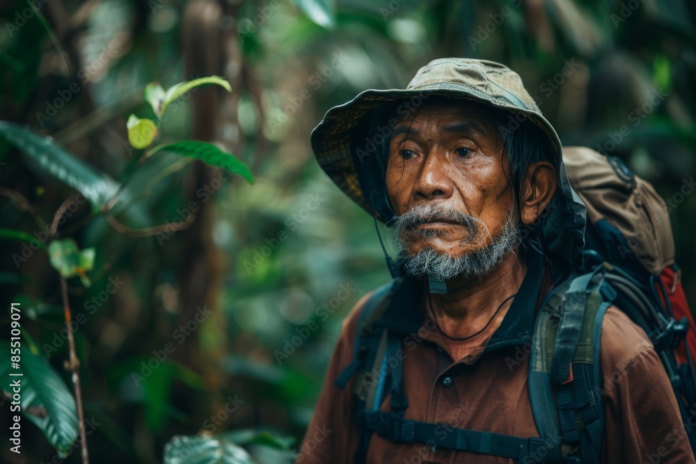 Fototapeta premium Middle aged man on a rainforest expedition