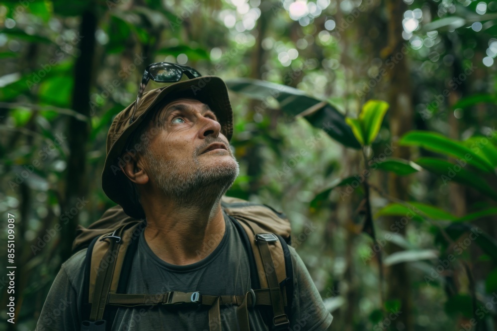 Middle aged man on a rainforest expedition