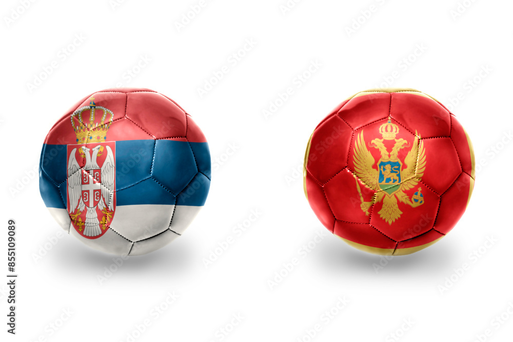 Obraz premium football balls with national flags of montenegro and serbia ,soccer teams. on the white background.