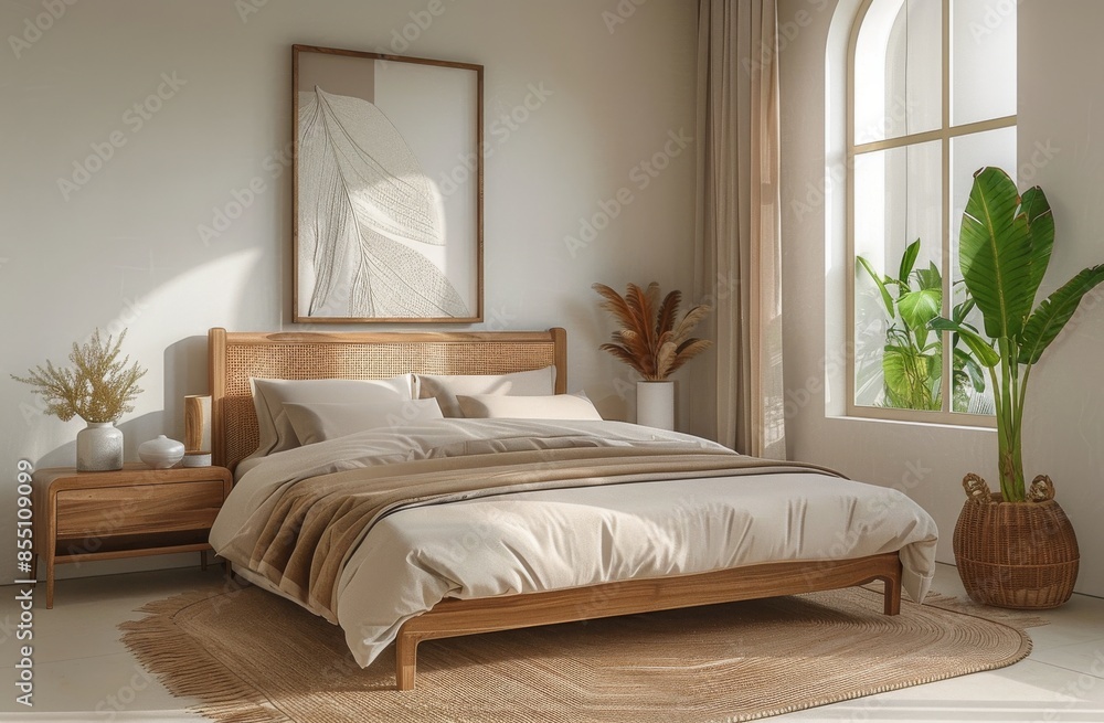 Fototapeta premium Modern Minimalist Bedroom Interior Design With Large Window and Natural Light