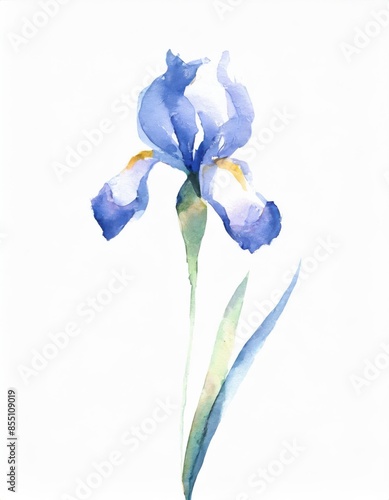 Hand drawn watercolor blue iris flower isolated on white background