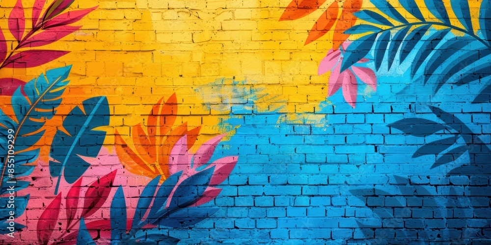 Naklejka premium An artistic digital representation of a colorful graffiti wall featuring bold leaves and vibrant shades of yellow, blue, and pink.