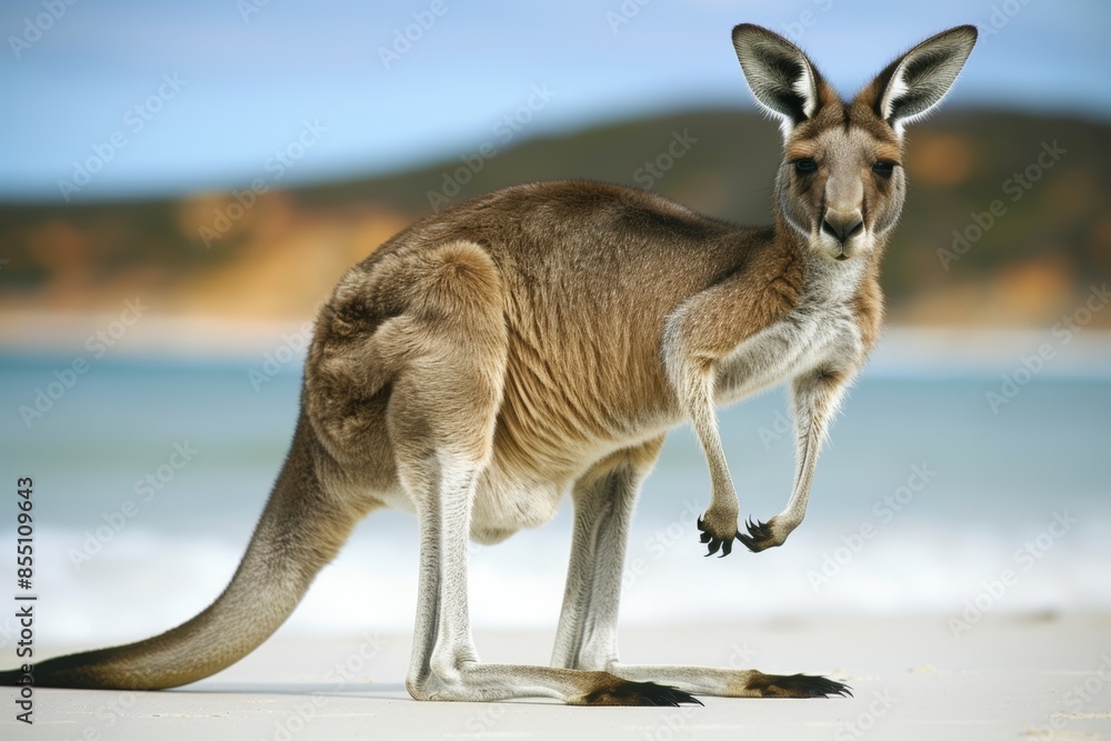 Majestic kangaroo on sandy beach with ocean backdrop
