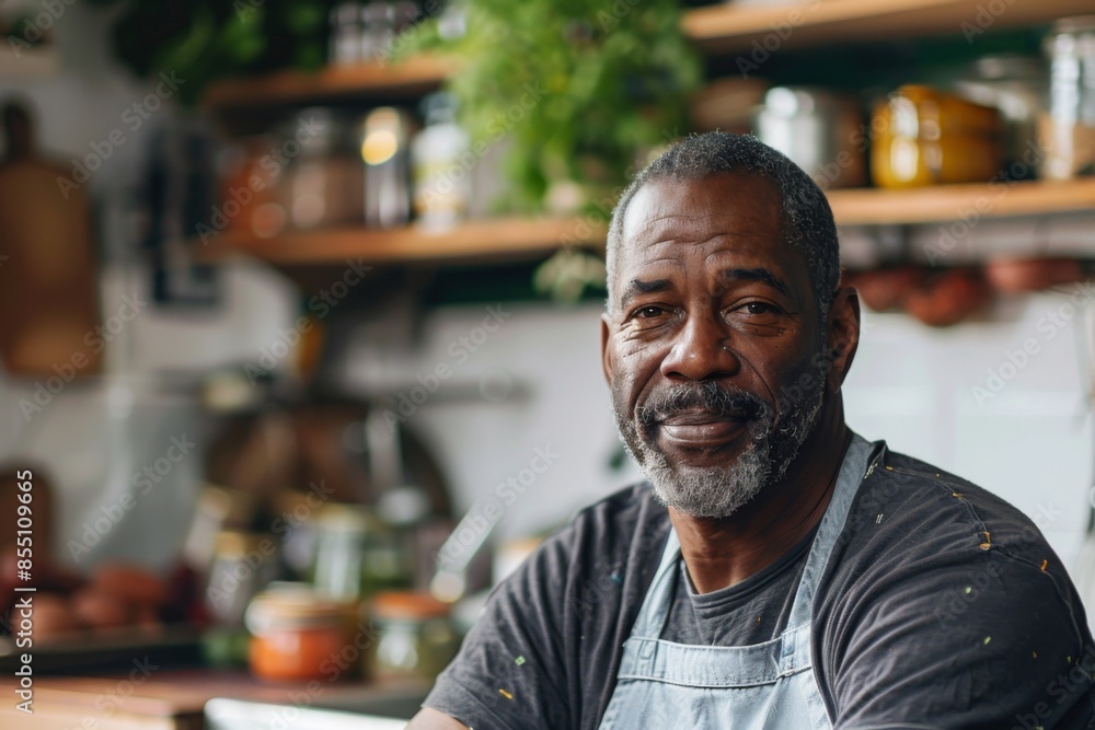 Portrait of a middle aged black man in zero waste kitchen Portrait of a middle aged black man in zero waste kitchen