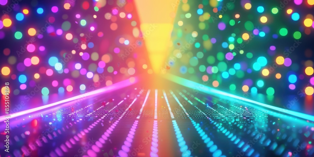 Fototapeta premium A mesmerizing scene featuring a vibrant pathway illuminated by multicolored lights and flanked by shimmering bokeh effects.