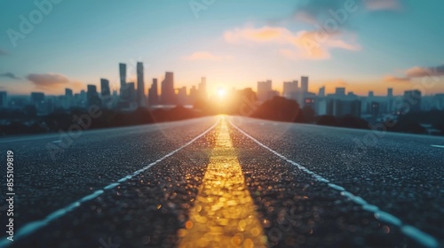 Empty Road Leading Towards City Skyline During Sunrise