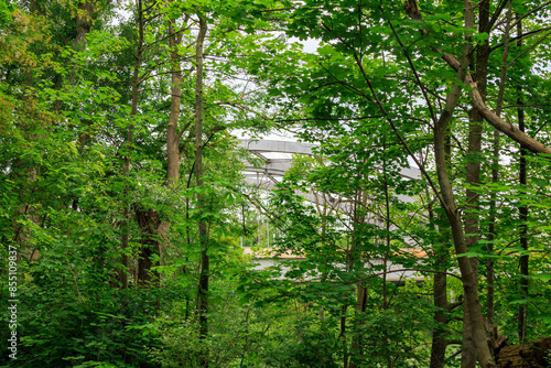 View of parts of the railway arch bridge near Augsburg Hochzoll through the trees of the Lech floodplain forest