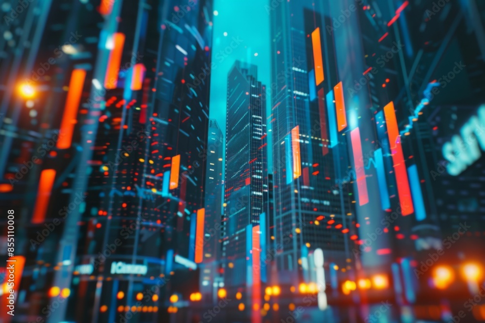 Financial graphs over a modern cityscape with skyscrapers Financial graphs over a modern cityscape with skyscrapers