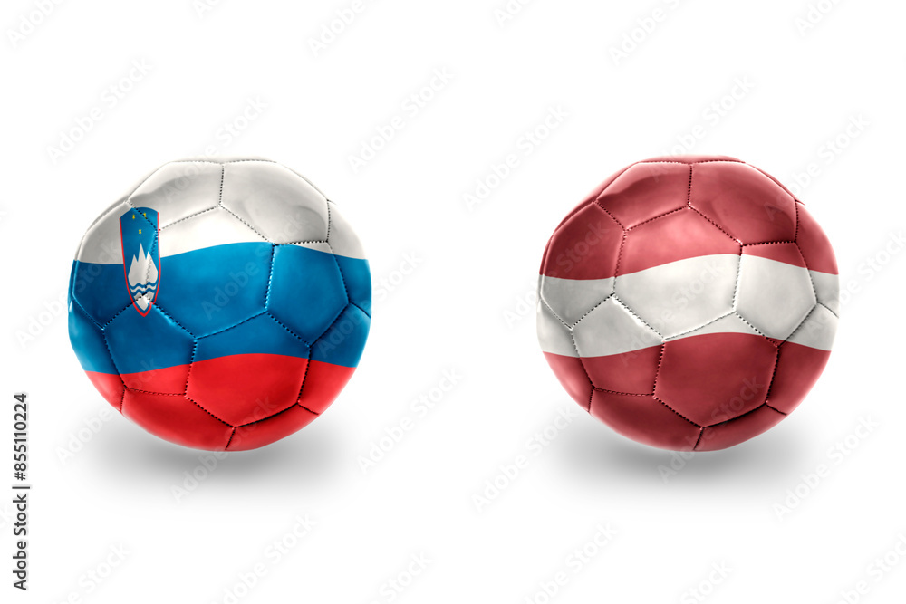 football balls with national flags of latvia and slovenia ,soccer teams. on the white background. football balls with national flags of latvia and slovenia ,soccer teams. on the white background.