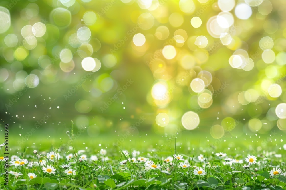 Obraz premium Spring daisy meadow in sunlight bokeh background