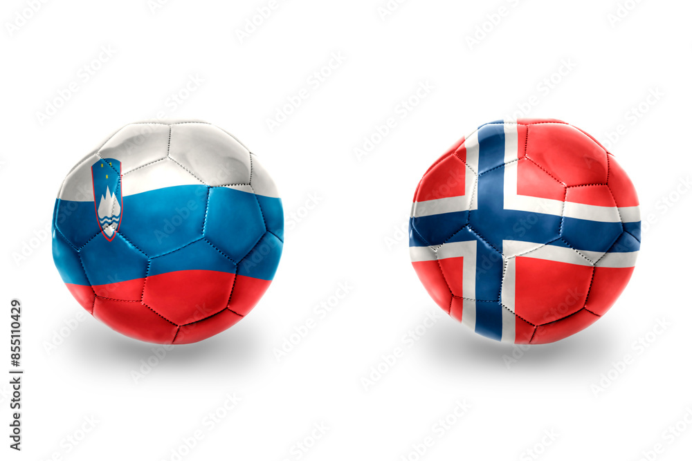 football balls with national flags of norway and slovenia ,soccer teams. on the white background. football balls with national flags of norway and slovenia ,soccer teams. on the white background.