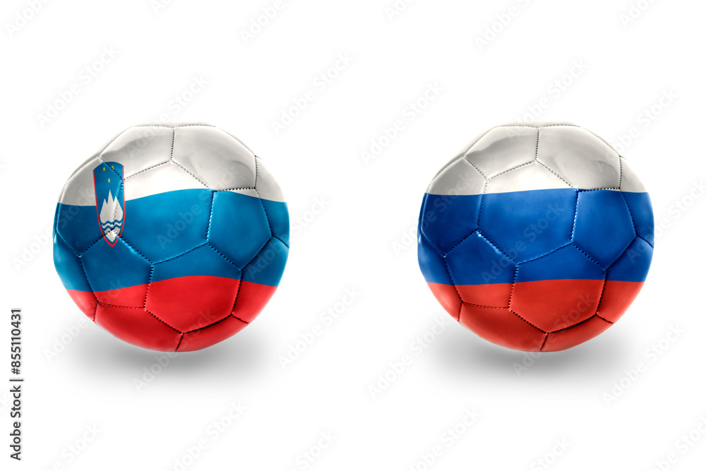 football balls with national flags of russia and slovenia ,soccer teams. on the white background. football balls with national flags of russia and slovenia ,soccer teams. on the white background.