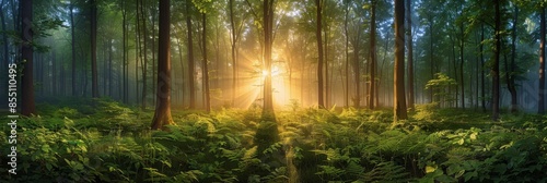 Sunlit Forest Path in Early Morning Mist