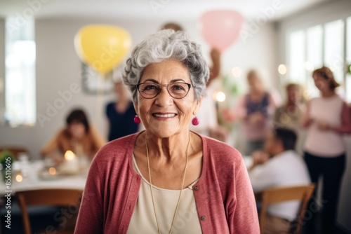 Portrait of a smiling Hispanic senior woman celebrating birthday in nursing home