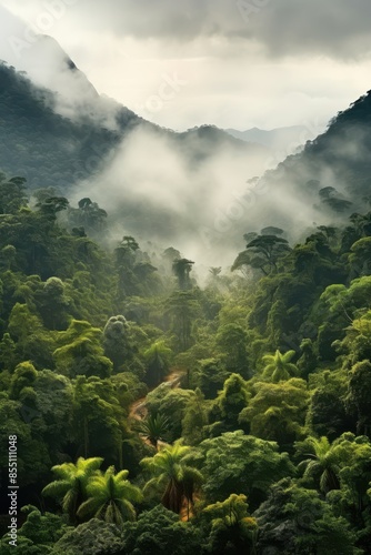 Foggy landscape in the jungle.