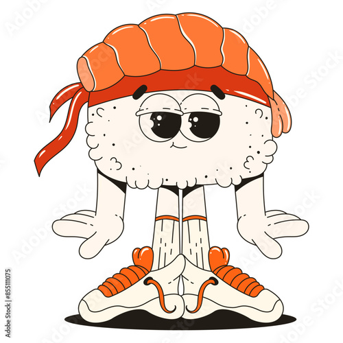 Sushi character in trendy retro groovy style. Funny mascot for restaurants, bars,  Japanese food.	