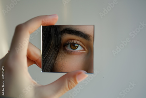 Woman looking at herself in a mirror. Self awareness, identity or personality concept. Who am I? photo