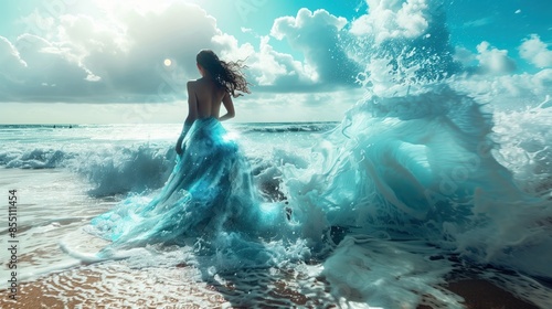 A woman with a dress made of water, standing on a beach with waves crashing around her